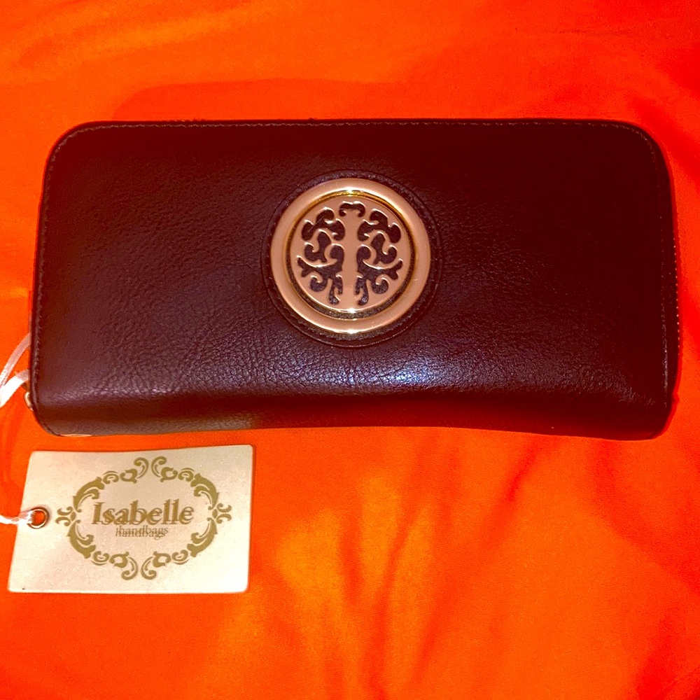 Black with gold double zippered wallet.